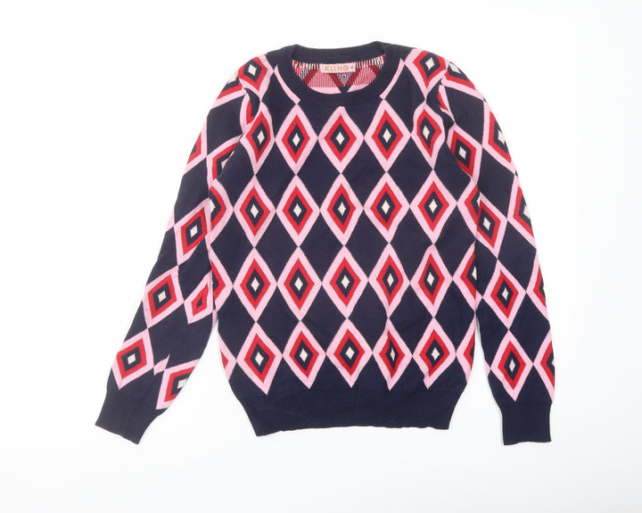 Kling Womens Blue Crew Neck Geometric Cotton Pullover Jumper Size XS