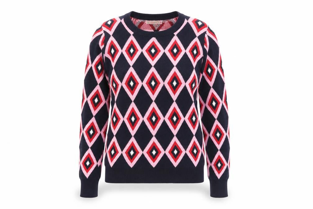 Front view of Kling women’s blue crew neck geometric cotton jumper, size XS