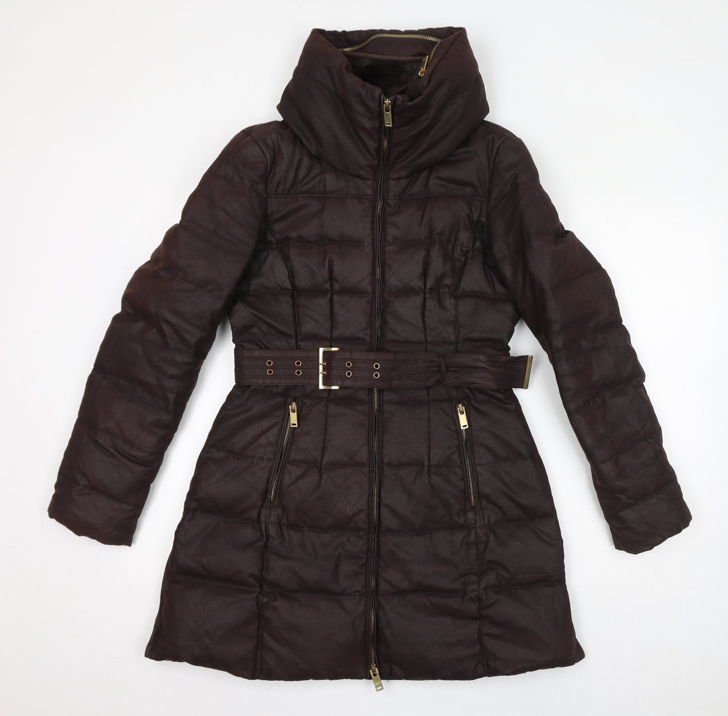 Zara Womens Brown Quilted Coat Size M Zip - Belted
