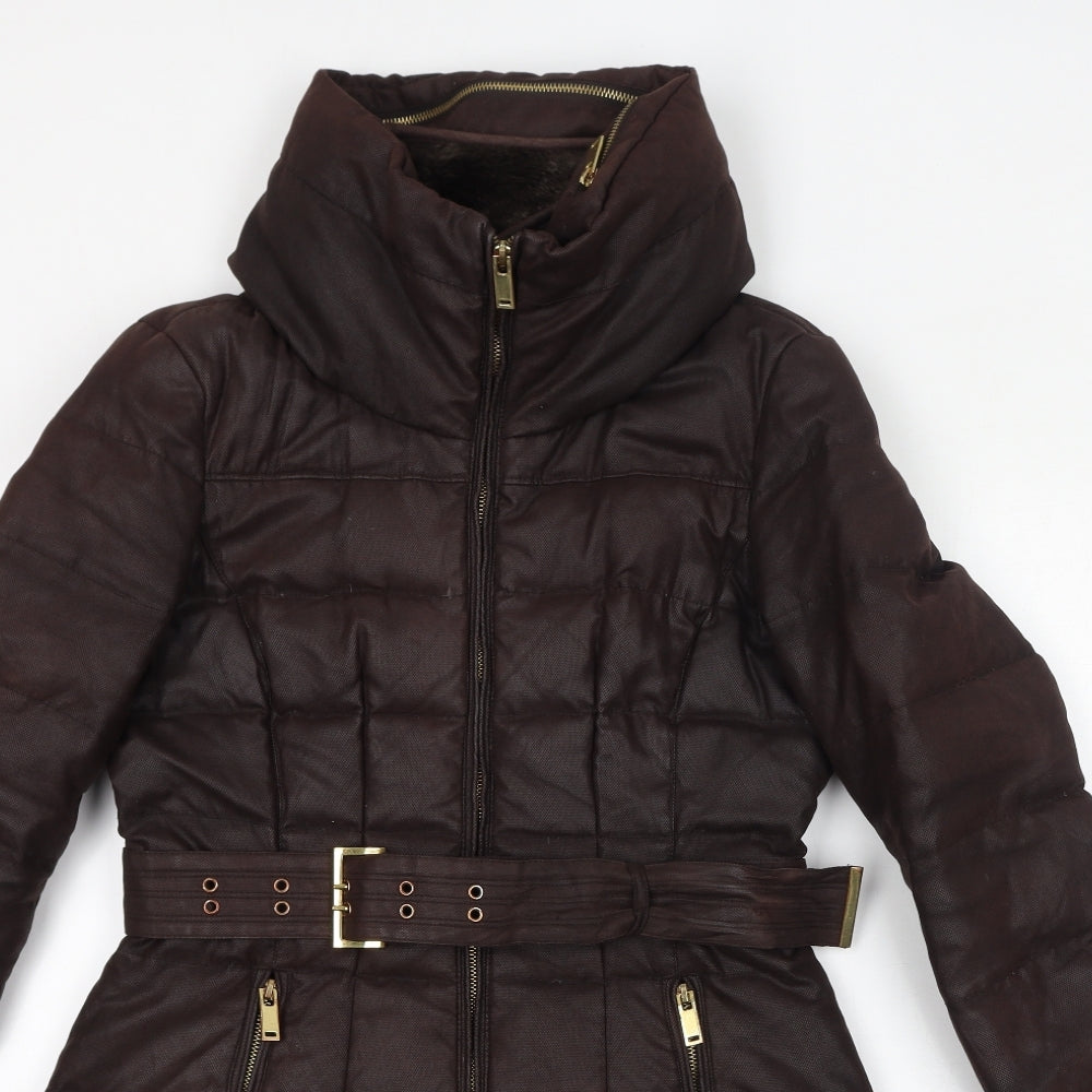 Zara Womens Brown Quilted Coat Size M Zip - Belted