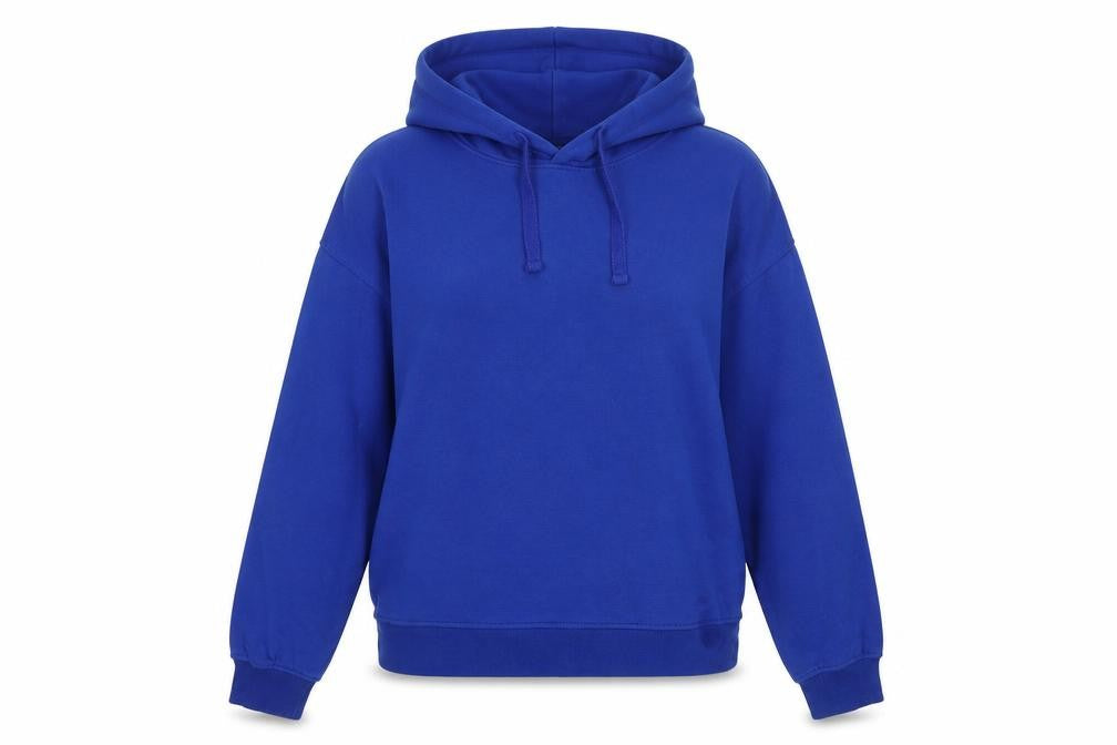 Front view of Zara women’s blue polyester pullover hoodie, size S, pullover