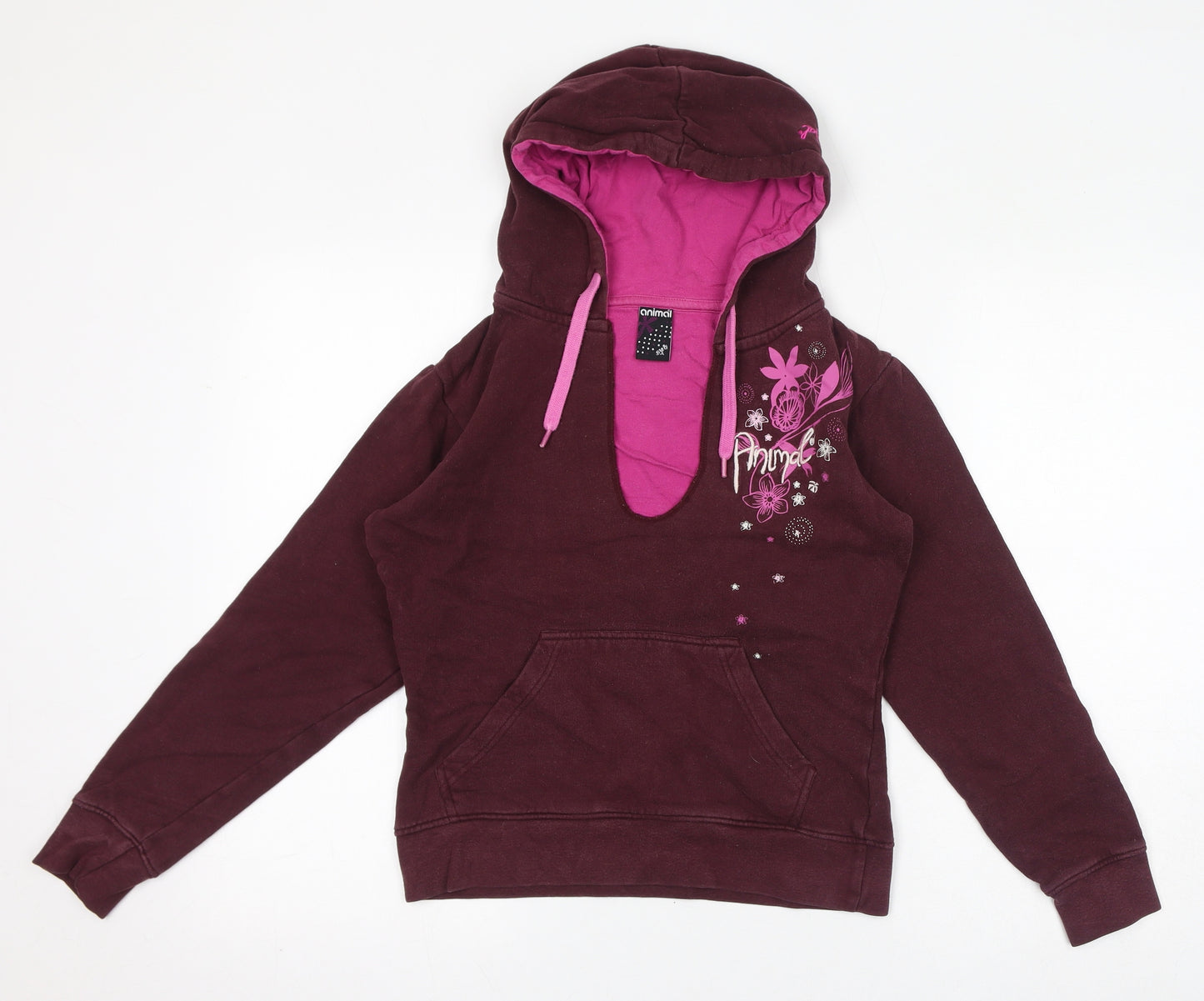 Animal Womens Purple Cotton Pullover Hoodie Size 8 Pullover - Embroidered Logo, Flowers