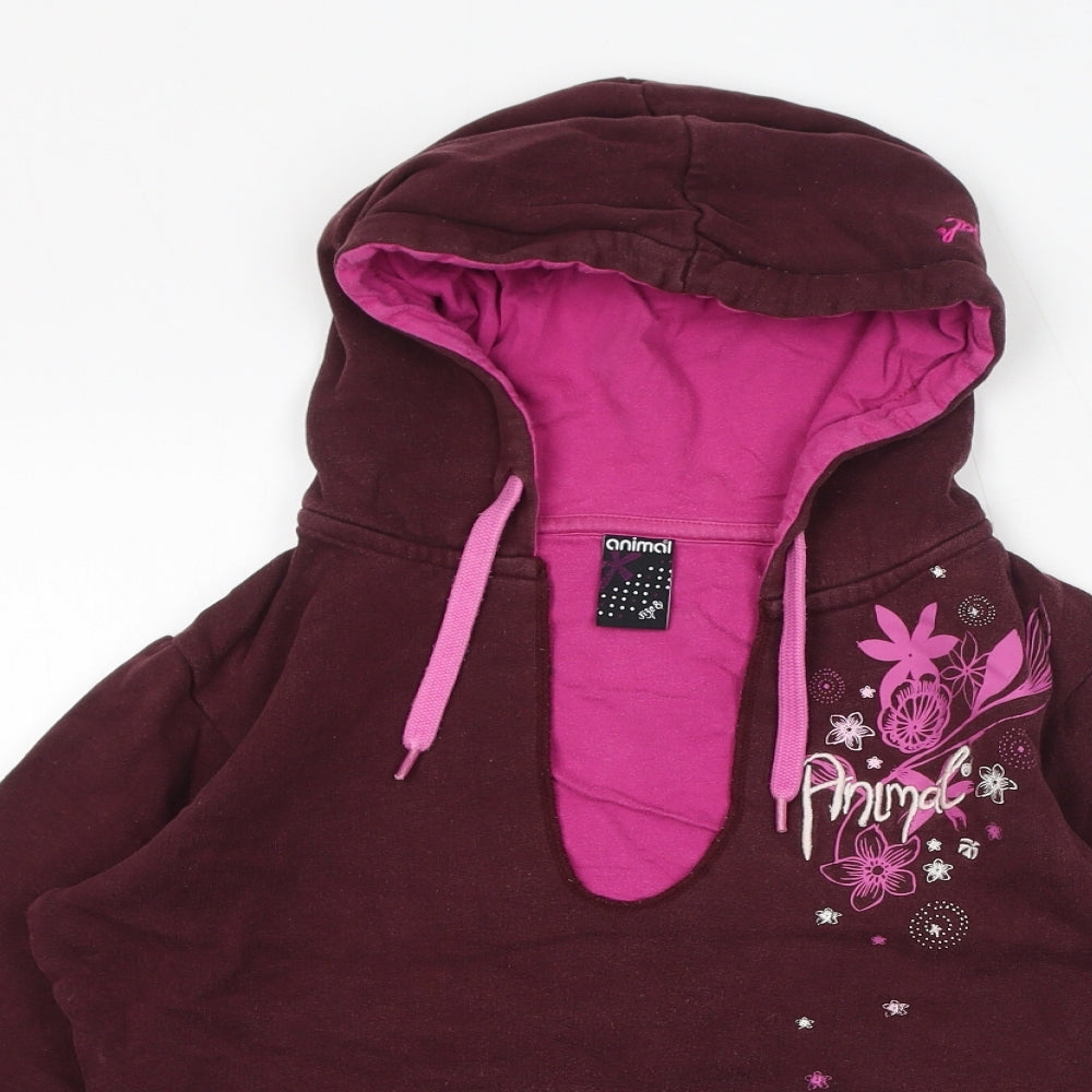 Animal Womens Purple Cotton Pullover Hoodie Size 8 Pullover - Embroidered Logo, Flowers