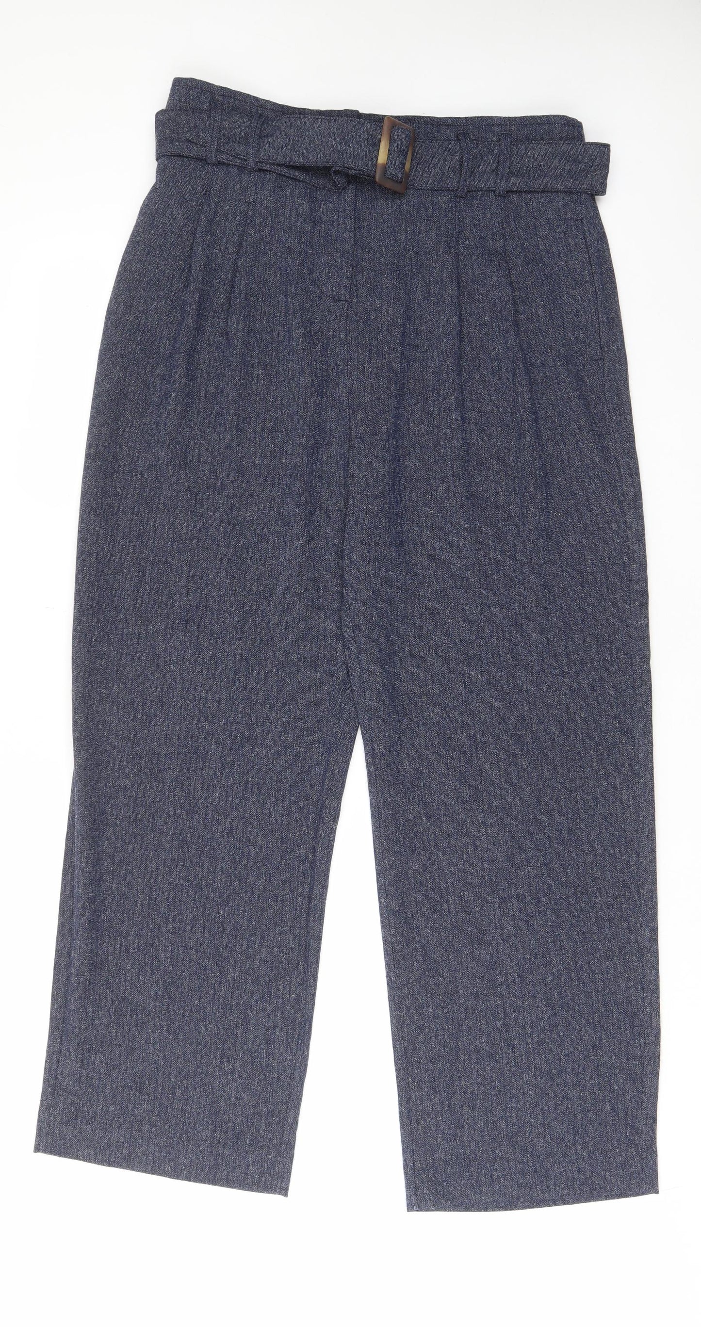 NEXT Womens Blue Polyester Trousers Size 16 L30 in Regular Hook & Eye - Pleated, Belted, Pockets
