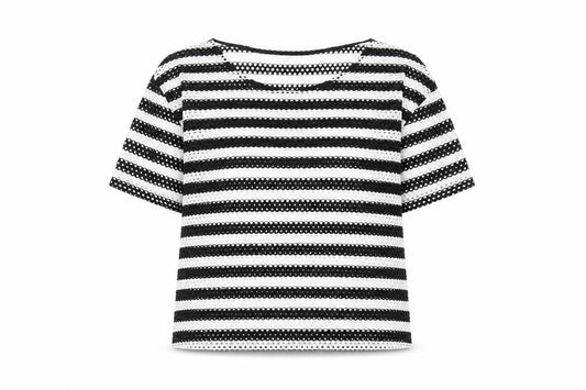 Front view of Next women’s white striped polyester basic t-shirt, size UK 12, crew neck