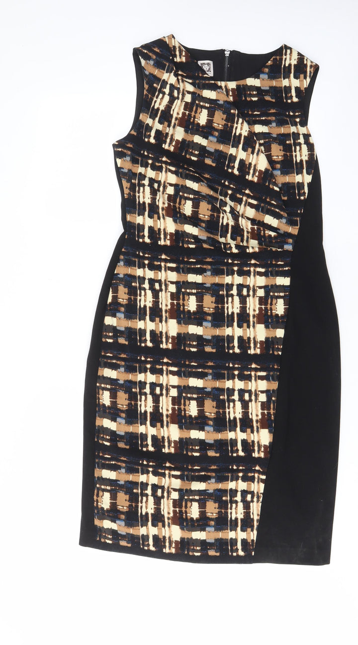 Anne Klein Womens Black Geometric Polyester Pencil Dress Size 12 Boat Neck Zip