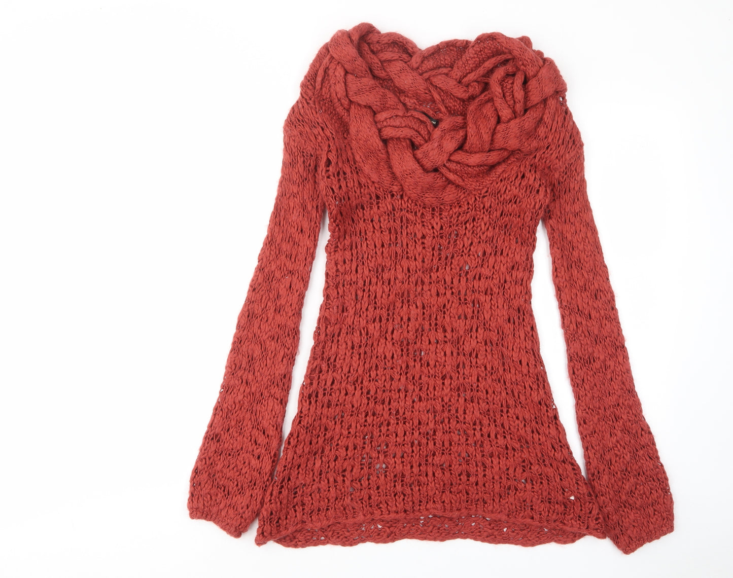 River Island Womens Orange Acrylic Jumper Dress Size 8 High Neck Pullover - Open knit