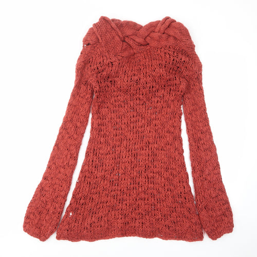 River Island Womens Orange Acrylic Jumper Dress Size 8 High Neck Pullover - Open knit