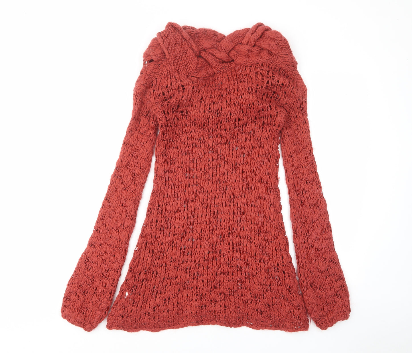 River Island Womens Orange Acrylic Jumper Dress Size 8 High Neck Pullover - Open knit