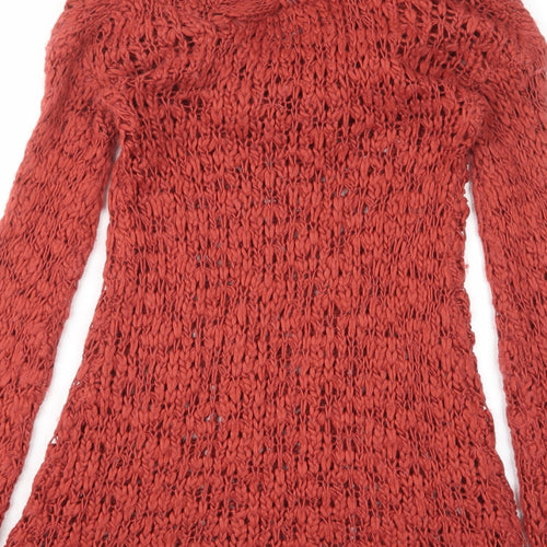 River Island Womens Orange Acrylic Jumper Dress Size 8 High Neck Pullover - Open knit