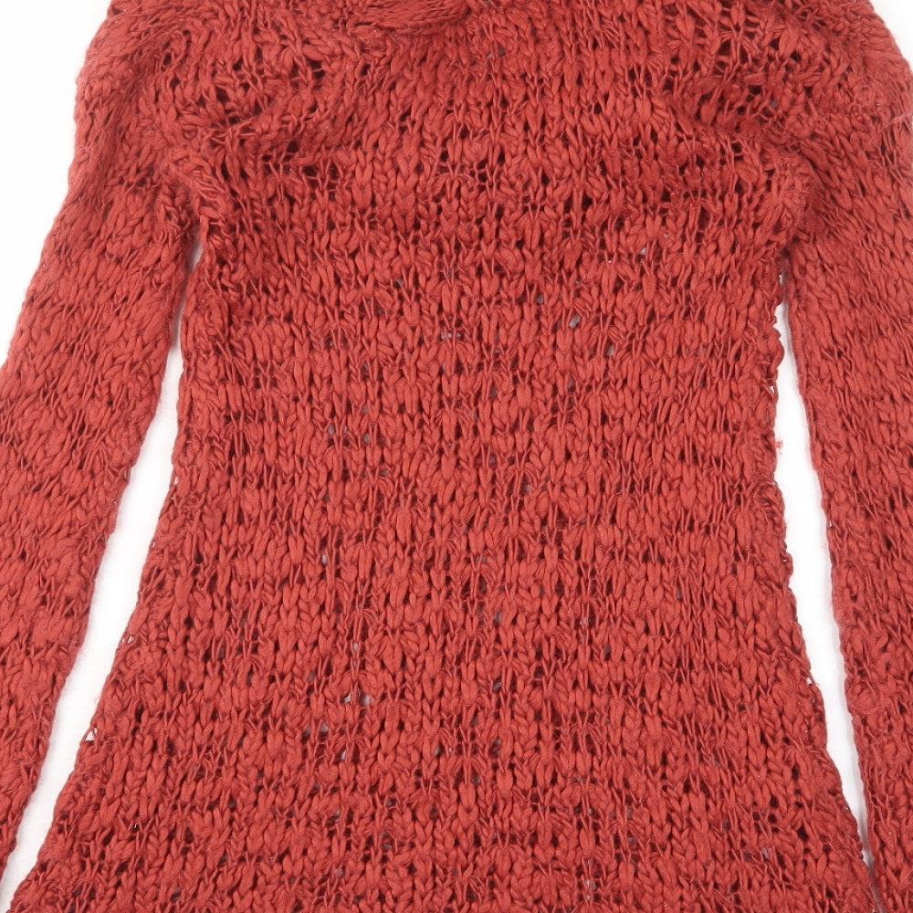 River Island Womens Orange Acrylic Jumper Dress Size 8 High Neck Pullover - Open knit