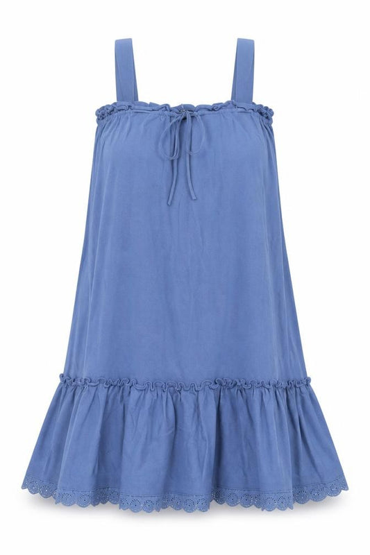 Front view of Next women’s blue viscose a-line, size L, square neck pullover - frill, embroided