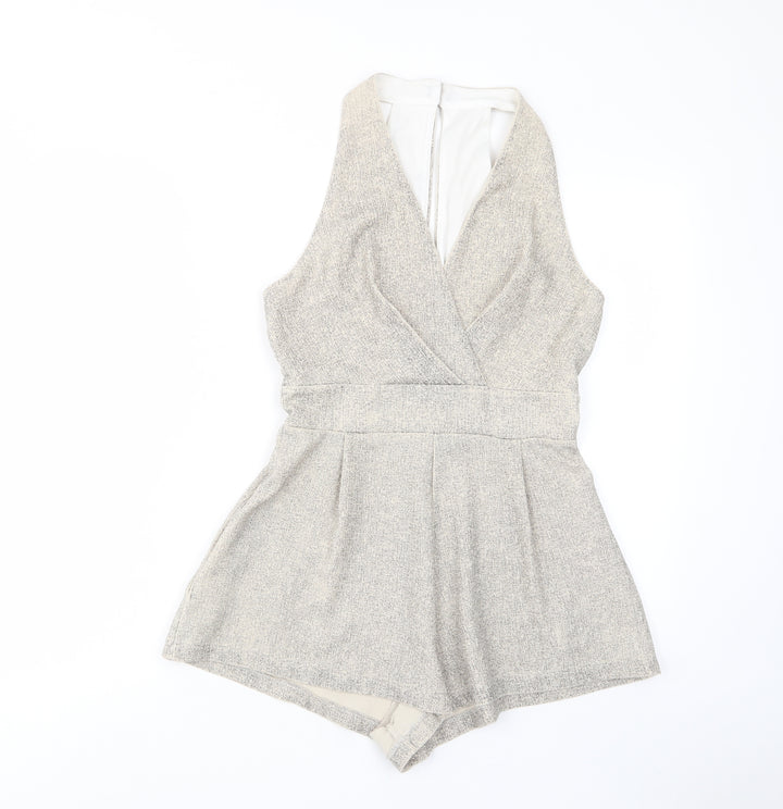 Love Womens Beige Polyester Playsuit One-Piece Size S Button - Pleated