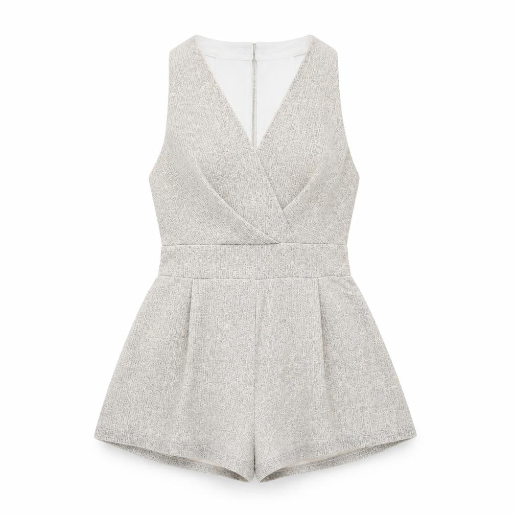 Front view of Love women’s beige polyester playsuit one-piece, size S, button - pleated