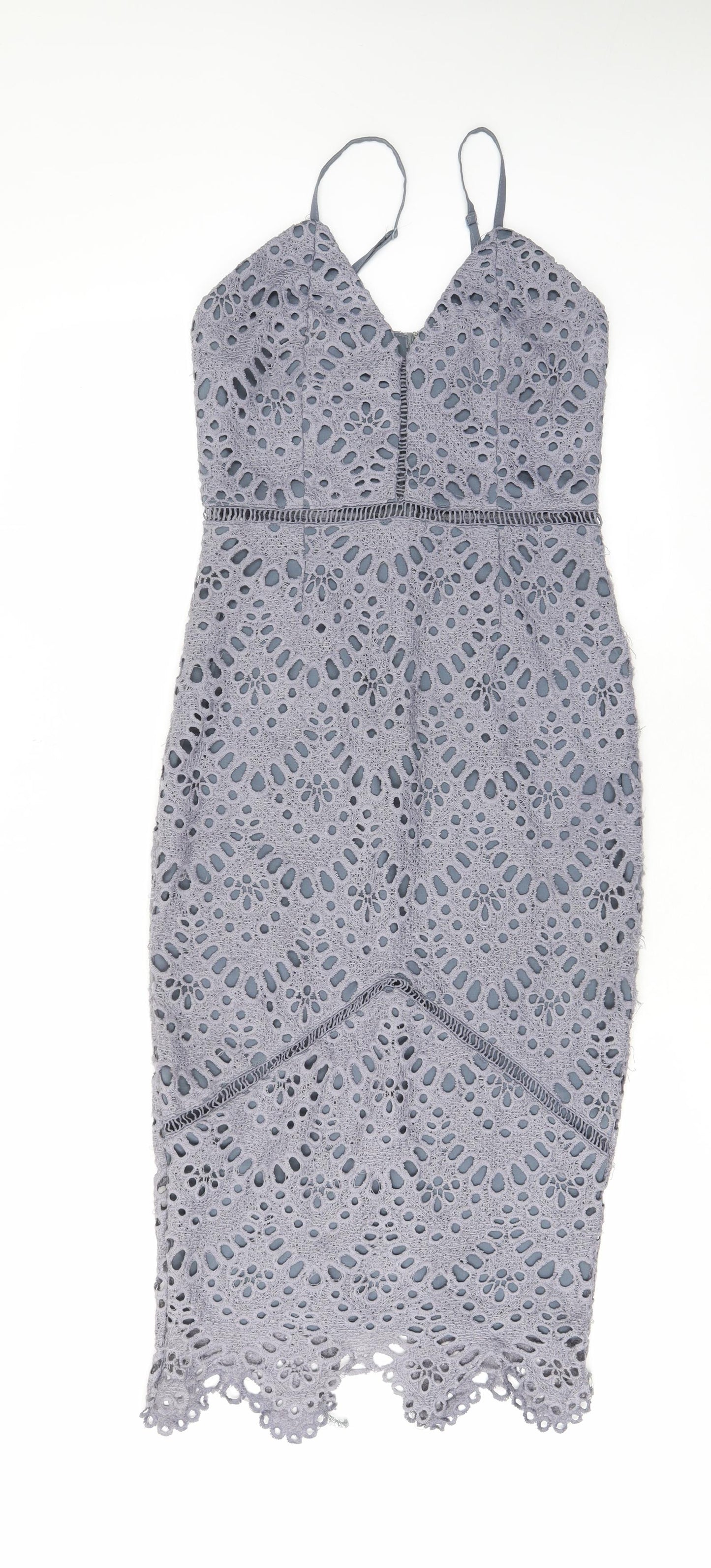 Missguided Womens Grey Polyester Pencil Dress Size 10 V-Neck Zip - Embroided