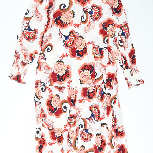 Marks and Spencer Womens Red Floral Viscose A-Line Size M Crew Neck Button - Embroided