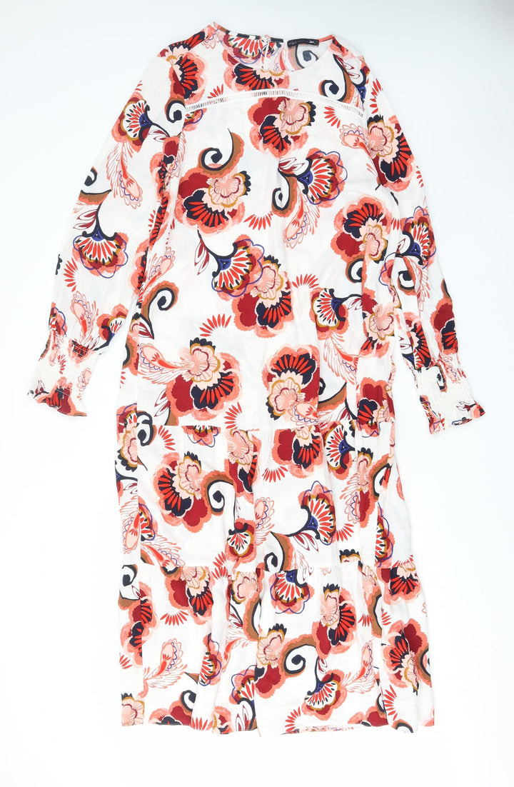 Marks and Spencer Womens Red Floral Viscose A-Line Size M Crew Neck Button - Embroided
