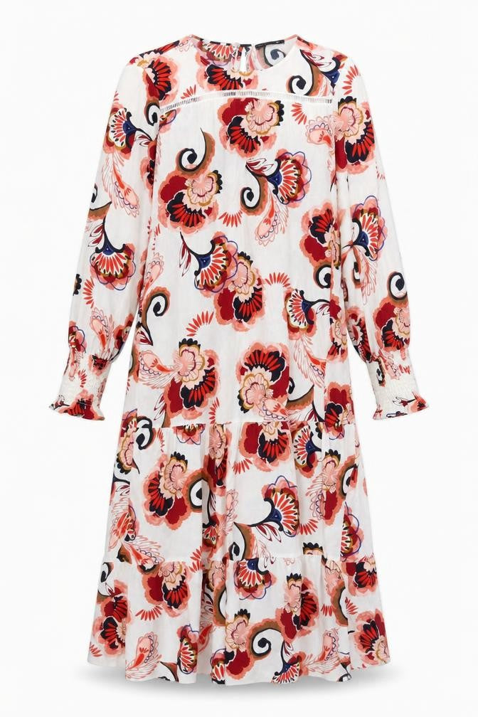 Marks and Spencer Womens Red Floral Viscose A-Line Size M Crew Neck Button - Embroided