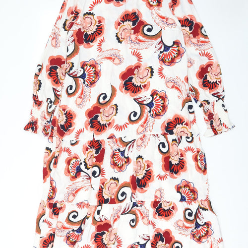 Marks and Spencer Womens Red Floral Viscose A-Line Size M Crew Neck Button - Embroided