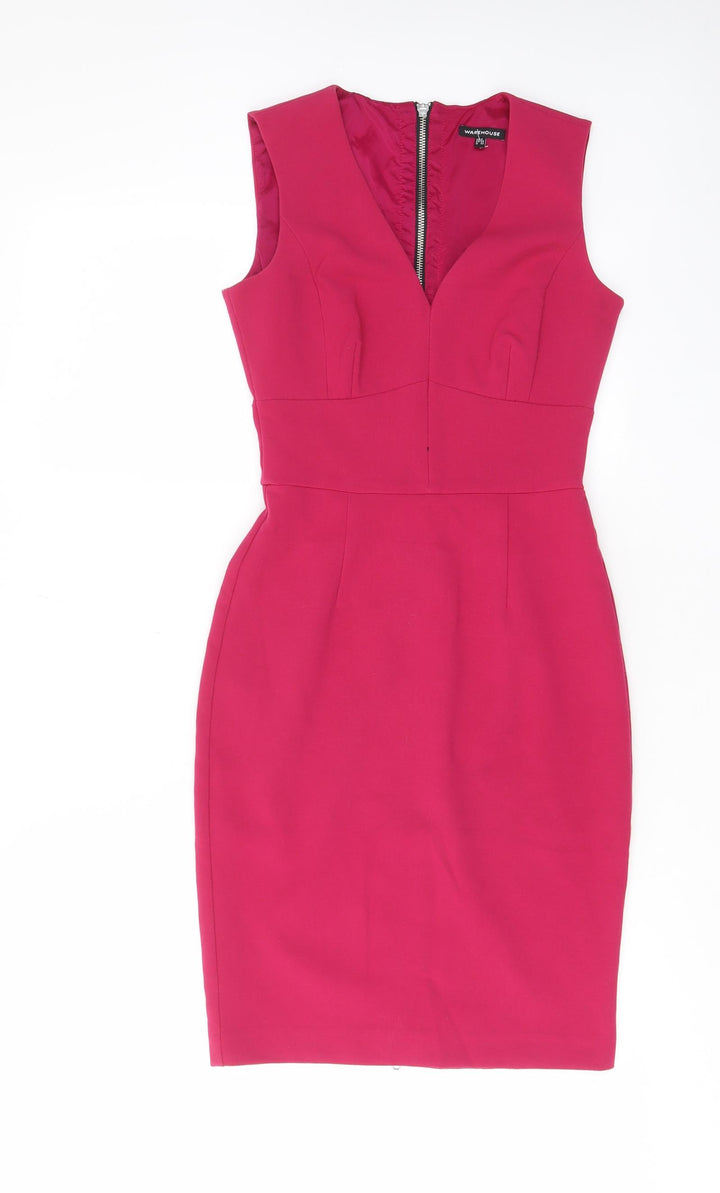 Warehouse Womens Pink Polyester Pencil Dress Size 6 V-Neck Zip - Pleated