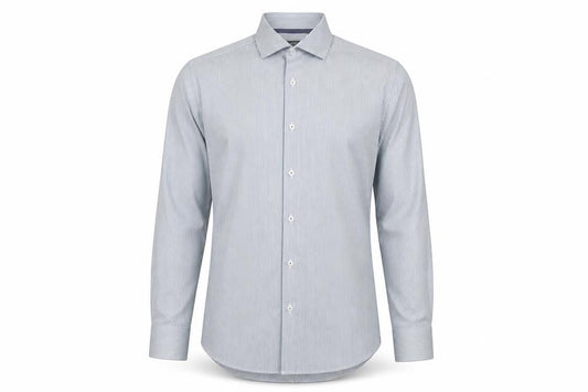 Front view of Marks & Spencer men’s red striped cotton button-up, size 14.5 collared button