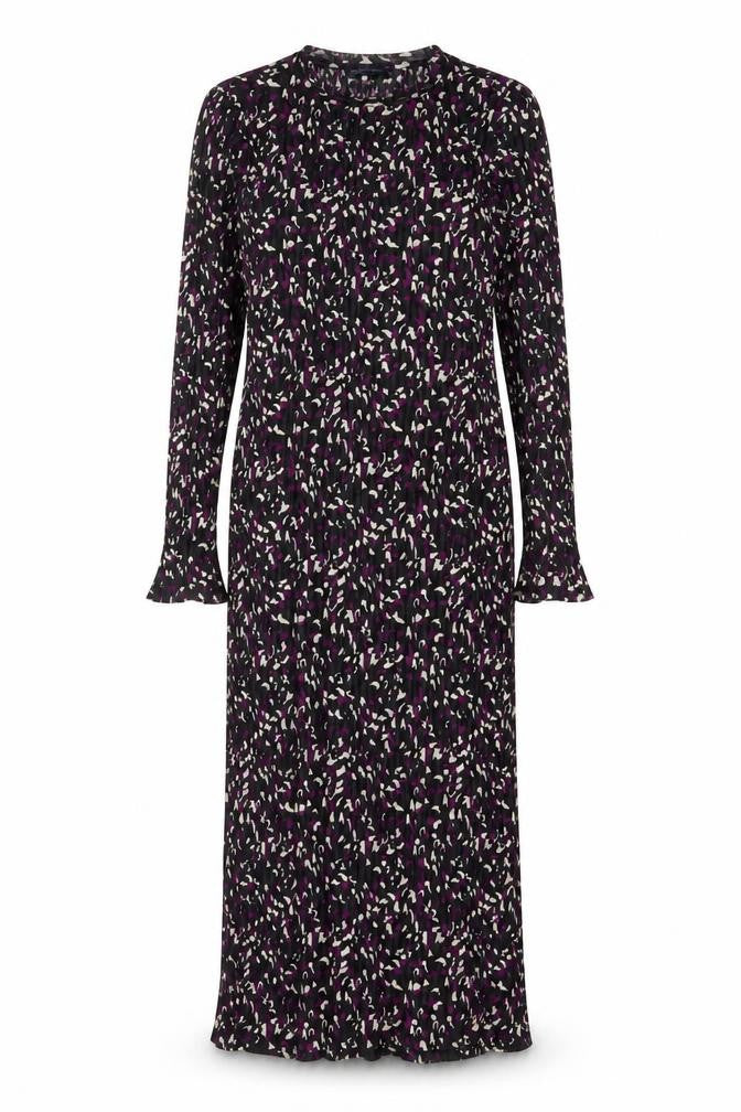 Front view of Marks & Spencer women’s purple geometric polyester a-line, size UK 10, crew neck pullover