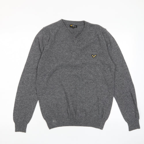 Voi Jeans Mens Grey V-Neck Wool Pullover Jumper Size M Long Sleeve - Logo, Embroided