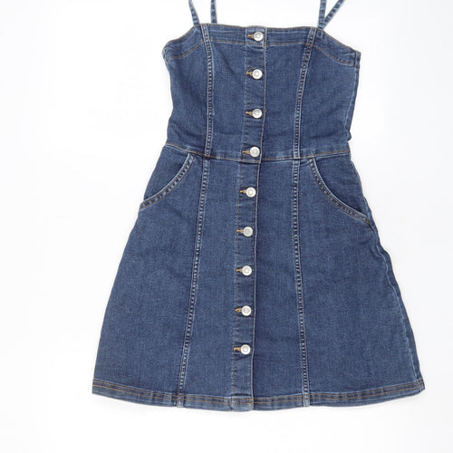 H&M Womens Blue Cotton Sheath Size 6 Square Neck Button - Pockets