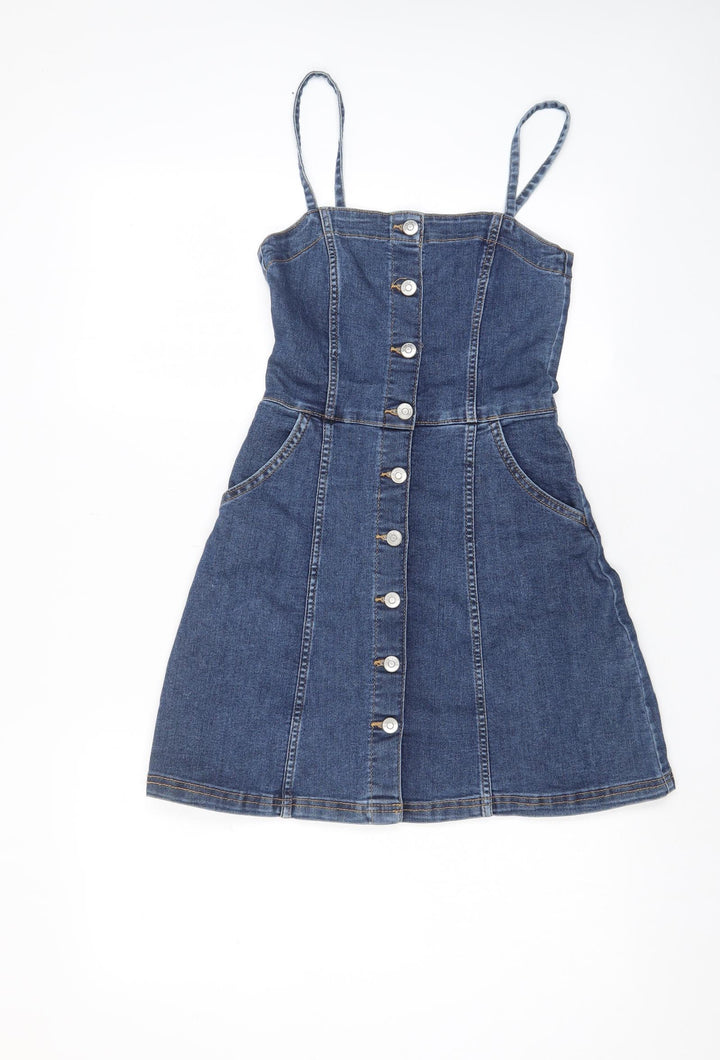 H&M Womens Blue Cotton Sheath Size 6 Square Neck Button - Pockets