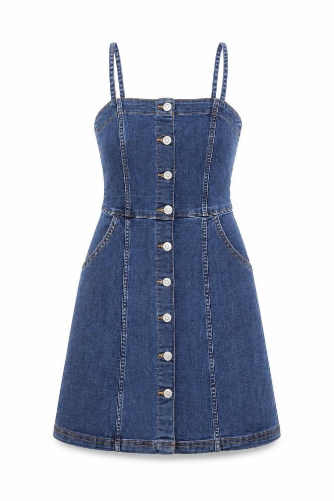 Front view of H&M women’s blue cotton sheath, size UK 6, square neck button - pockets