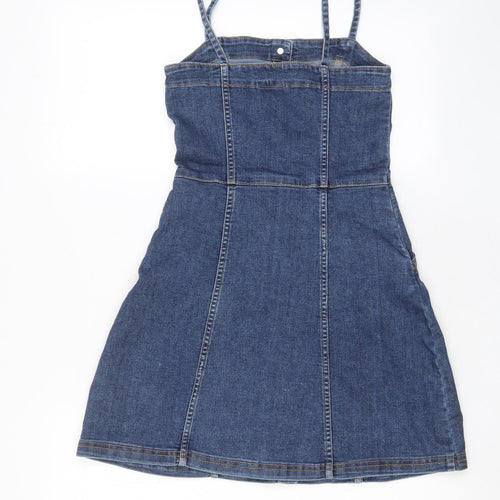 H&M Womens Blue Cotton Sheath Size 6 Square Neck Button - Pockets