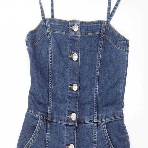 H&M Womens Blue Cotton Sheath Size 6 Square Neck Button - Pockets