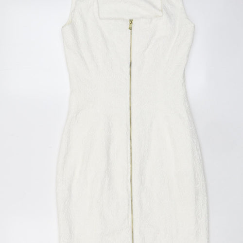 H&M Womens White Cotton A-Line Size 8 Boat Neck Zip