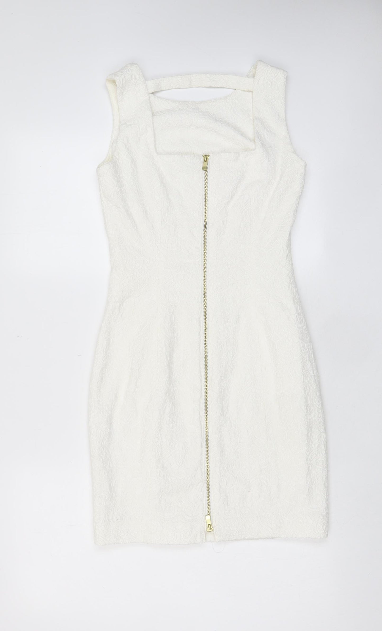 H&M Womens White Cotton A-Line Size 8 Boat Neck Zip