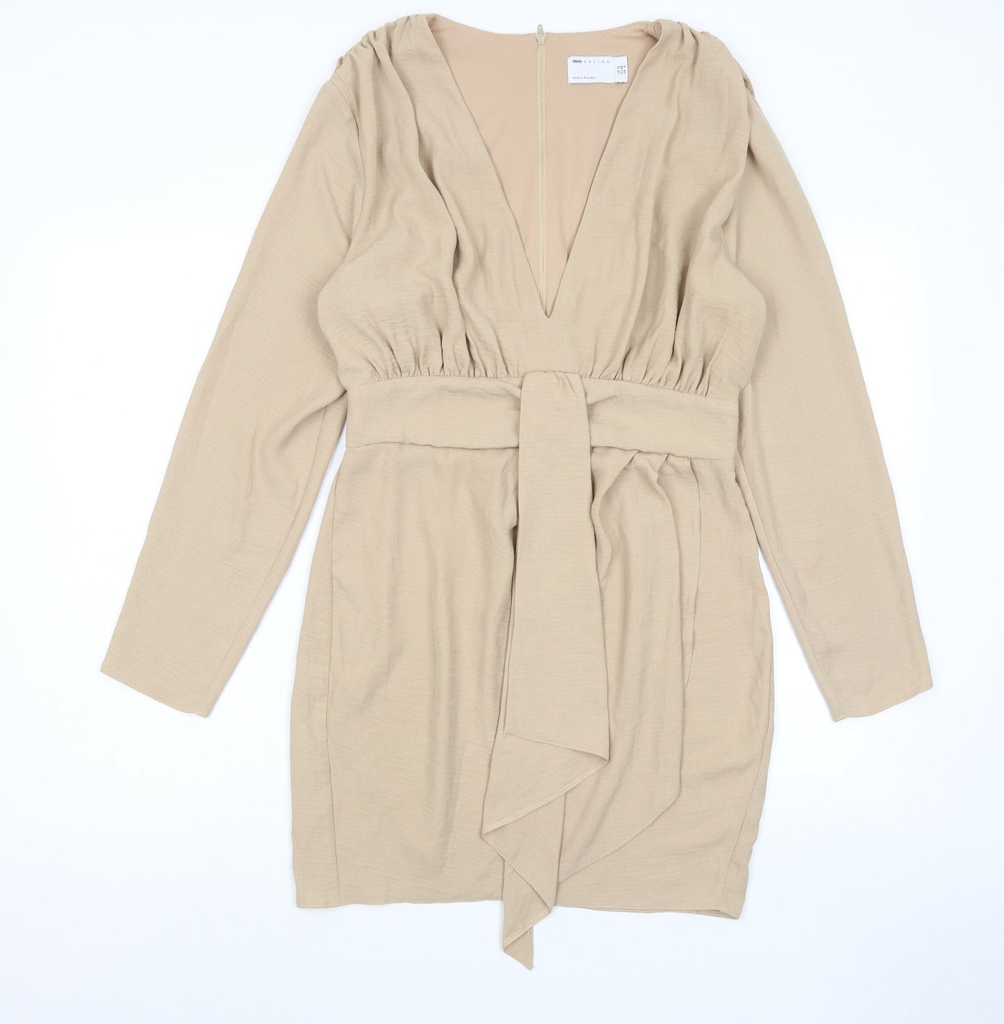 ASOS Womens Beige Polyester A-Line Size 12 V-Neck Zip - Pleated