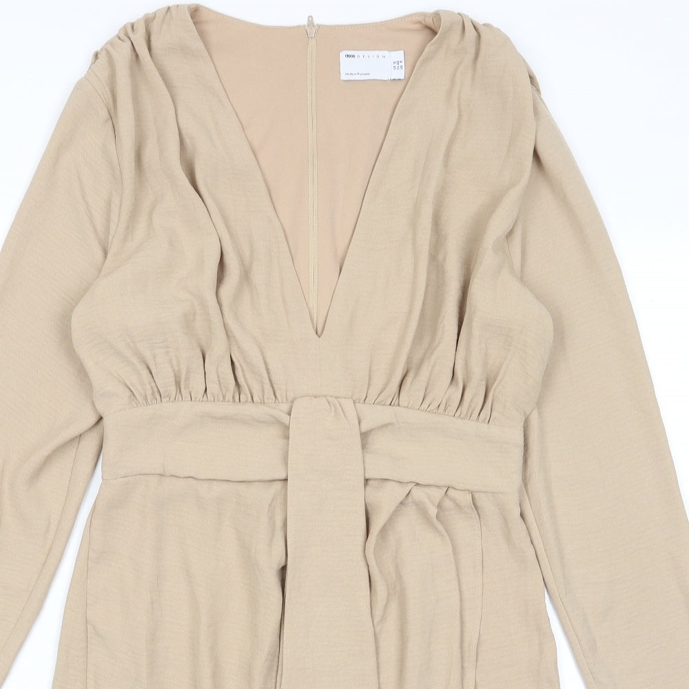 ASOS Womens Beige Polyester A-Line Size 12 V-Neck Zip - Pleated