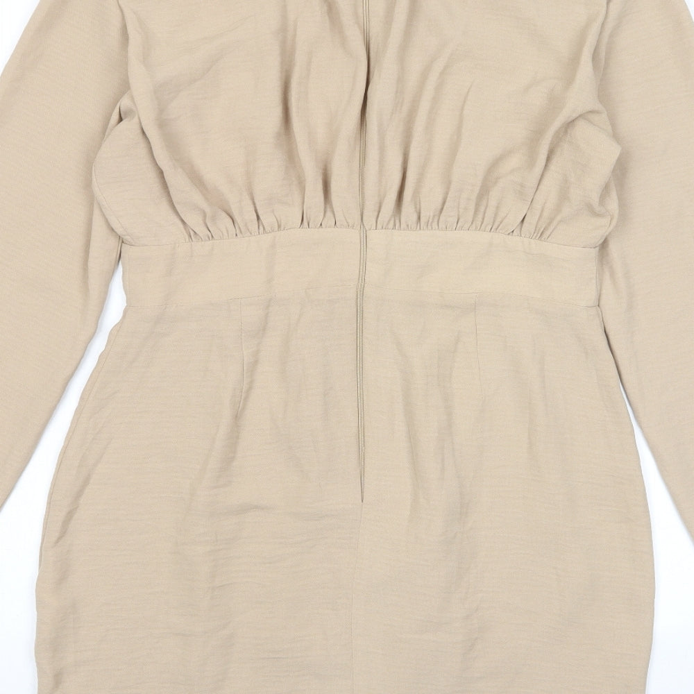 ASOS Womens Beige Polyester A-Line Size 12 V-Neck Zip - Pleated