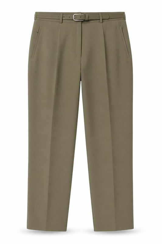 Front view of Surprise women’s green polyester trousers, size UK 24, 28-inch leg regular zip - zip pockets