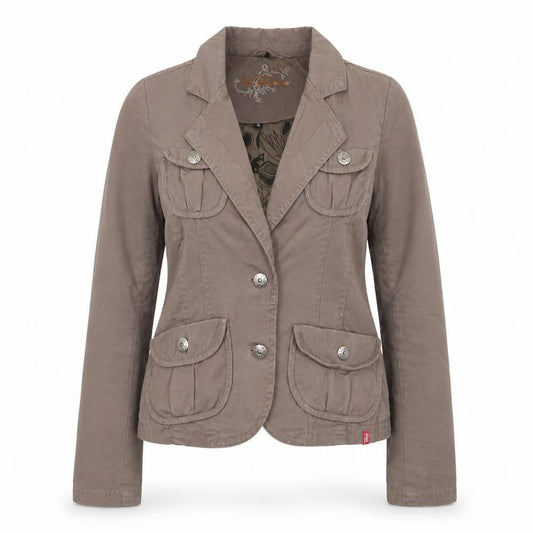 Front view of Dal Fashion women’s brown jacket, size S, button - pockets, logo