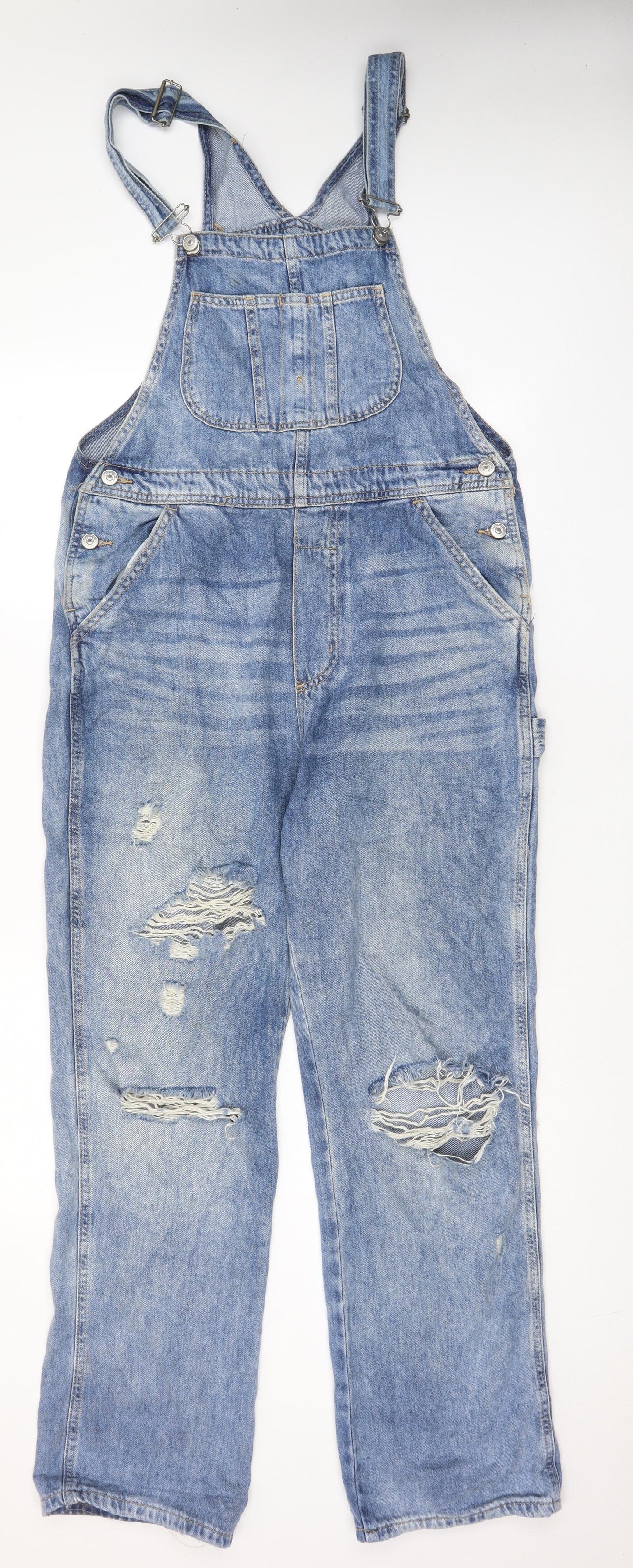 H&M Womens Blue Cotton Dungaree One-Piece Size 8 Button - Pockets, Distressed