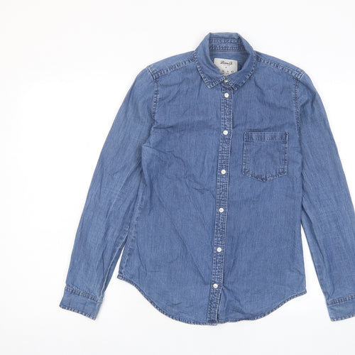 Denim & Co. Womens Blue Cotton Basic Button-Up Size 8 Collared