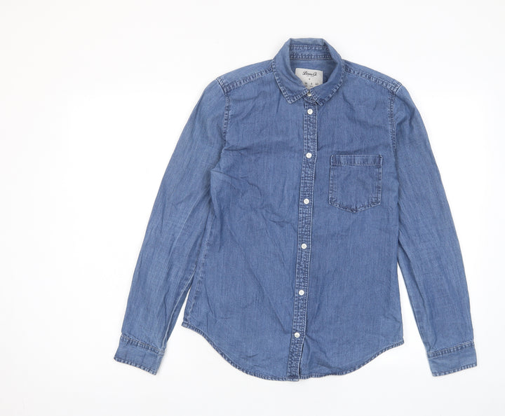 Denim & Co. Womens Blue Cotton Basic Button-Up Size 8 Collared