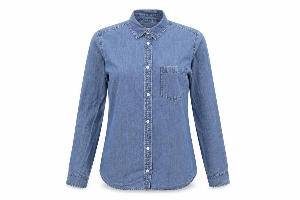 Front view of Denim & Co. women’s blue cotton basic button-up, size UK 8, collared