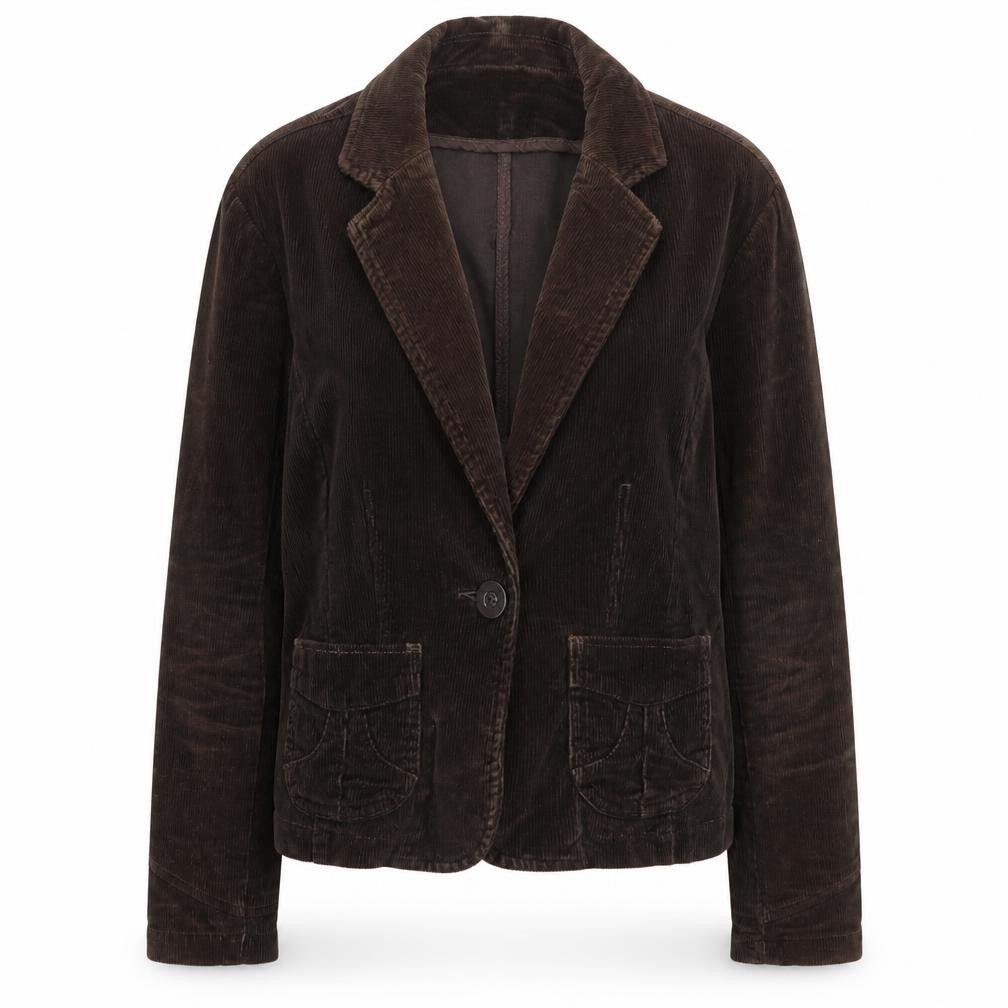 Front view of Oasis women’s brown jacket blazer, size UK 14, button