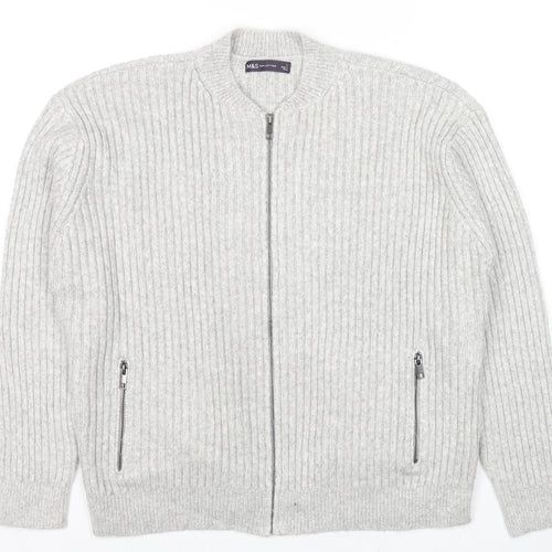 Marks and Spencer Mens Grey Round Neck Polyester Full Zip Jumper Size L Long Sleeve