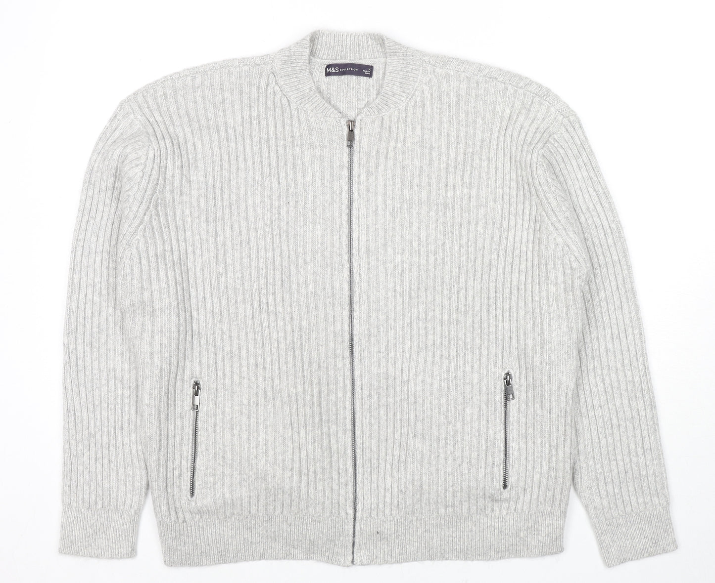 Marks and Spencer Mens Grey Round Neck Polyester Full Zip Jumper Size L Long Sleeve