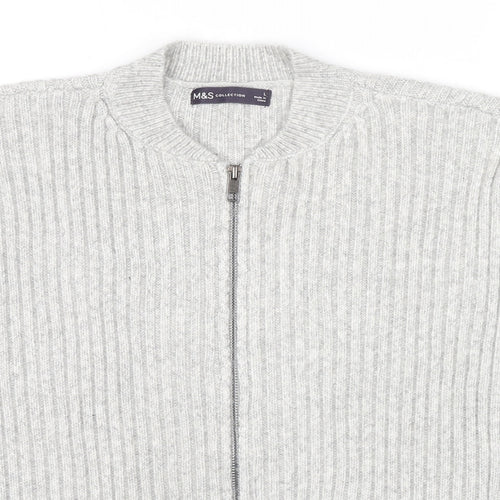 Marks and Spencer Mens Grey Round Neck Polyester Full Zip Jumper Size L Long Sleeve