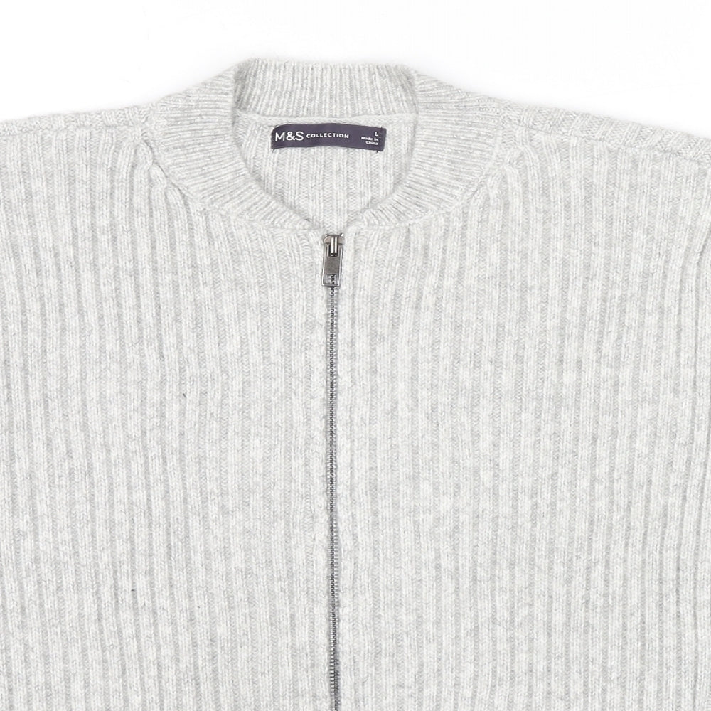 Marks and Spencer Mens Grey Round Neck Polyester Full Zip Jumper Size L Long Sleeve