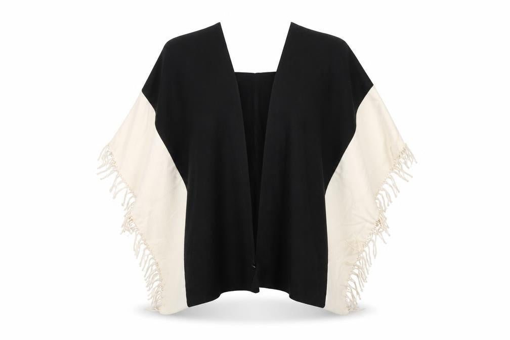 Front view of Marks & Spencer women’s black v-neck polyester cape jumper one size - tasseled
