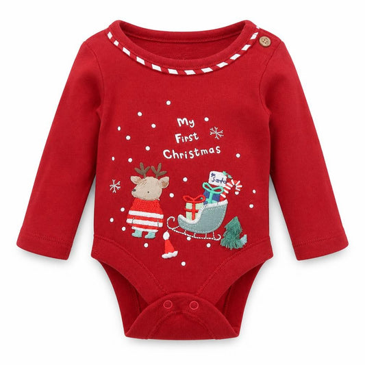 Marks and Spencer Baby Red Cotton Babygrow One-Piece Size Newborn Snap - My First Christmas Reindeer